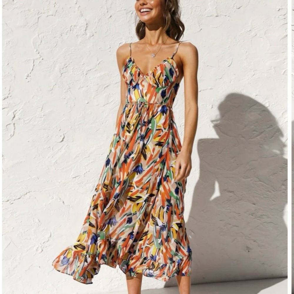 NWT COMMENSE Sold Out Multicolor Tie Waist Ruffle Midi Cami Dress Size XS